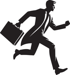 A dynamic black silhouette vector illustration of a male employee in a suit and tie, rushing with a briefcase, symbolizing urgency and ambition.
