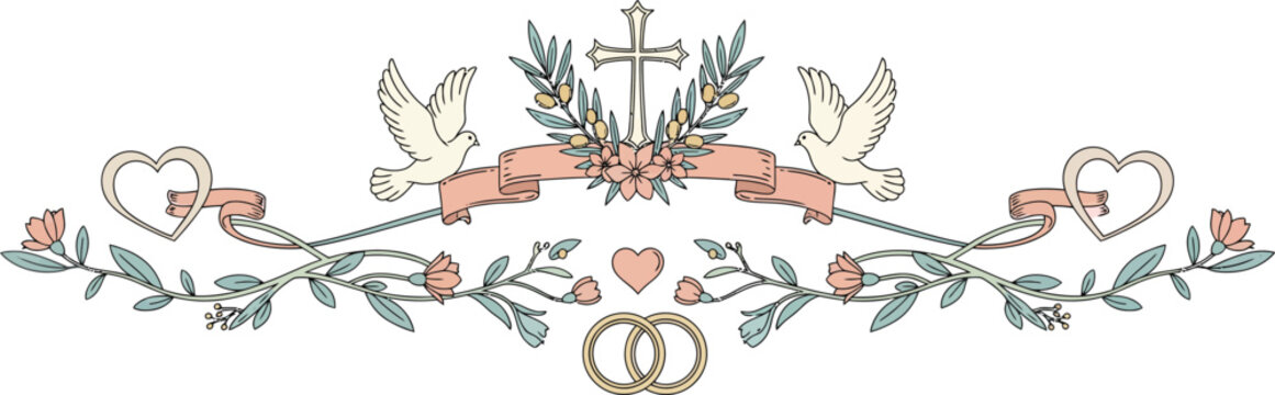 Elegant Floral Design with Doves, Cross, Wedding Rings, and Hearts for Special Occasions