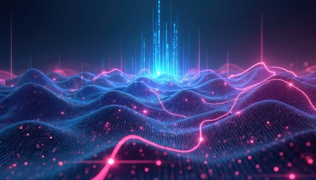 Abstract digital landscape with glowing waves, light streams. Represents data flow, network connections, artificial intelligence concepts with futuristic cybernetic aesthetic, bright neon colors.