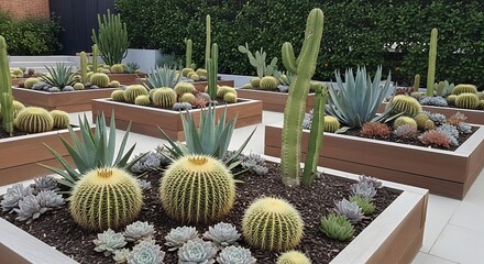 Cactus Garden Display - A Variety of Succulents in Planters.