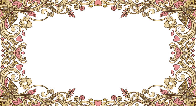 Elegant graphic illustration of a decorative vintage floral frame with swirling leaves and heart shapes, an ornate border.