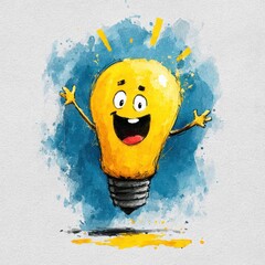 Happy cartoon lightbulb with arms, open mouth, set against blue watercolor