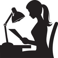 A silhouette of a woman sitting at a desk, intently reading or studying under the light of a desk lamp, embodying focus and quiet learning.