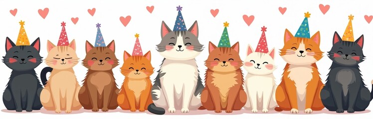 Fototapeta premium Group of cute cartoon cats wear party hats and smile. Hearts float around them. Illustration for birthday greeting card or invitation. Fun pet celebration scene.