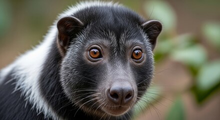 Obraz premium Indri lemur standing upright in a rainforest tree, with striking black and white fur and long limbs. The largest living lemur, known for its loud calls and arboreal life.