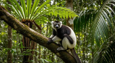 Indri lemur standing upright in a rainforest tree, with striking black and white fur and long limbs. The largest living lemur, known for its loud calls and arboreal life.