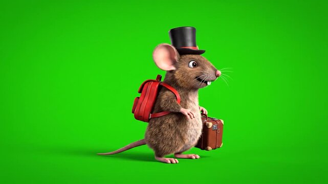 Cartoon Mouse Ready for Adventure on Green Screen.