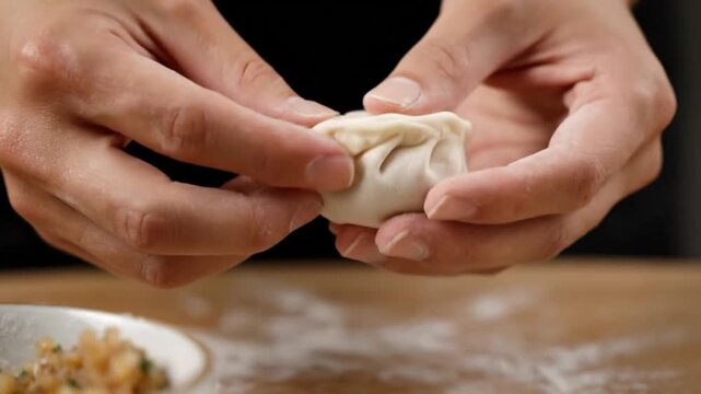 Close-up of hands expertly folding a homemade dumpling for cooking