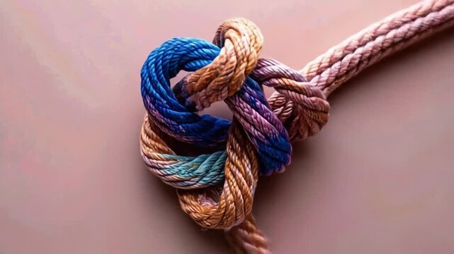 Close up of knotted rope on a neutral background various colors