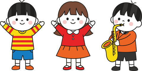 Happy cartoon children playing music and dancing in colorful outfits, joyful kids illustration for education, entertainment, and preschool design.