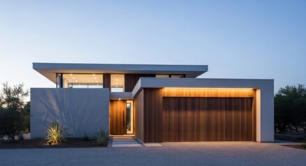 Elegant Modern House Exterior at Dusk with Warm Integrated Lighting, Featuring Minimalist Design, Wooden Accents, and Serene Landscaping