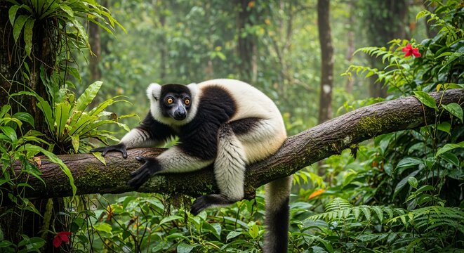 Indri lemur standing upright in a rainforest tree, with striking black and white fur and long limbs. The largest living lemur, known for its loud calls and arboreal life.