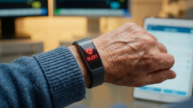 Heart alert smartwatch on elderly wrist showing health warning with edge computing technology enhancing enterprise health monitoring system