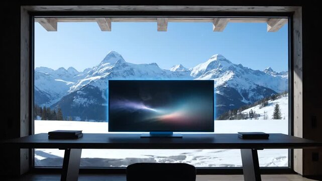 A computer monitor sits on a desk in a room with a large window showing a snowy mountain range under a clear blue sky.