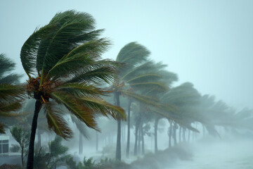 STORM POWER NATURE FORCE RESILIENT TROPICAL WEATHER IMPACT. Palm trees bending under fierce winds and rain, symbolizing the raw, unyielding power of nature and the strength found in flexibility.