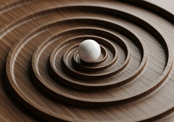 Abstract Wooden Spiral with White Marble Ball on Brown Wooden Surface