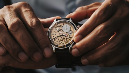 Male hands holding and inspecting a wristwatch, metal reflections and visible gear details with soft shadows, showcasing precision, craftsmanship, and elegant mechanical design.