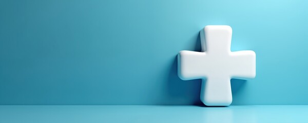 Fototapeta premium White plus sign with rounded edges on blue backdrop. Symbolizes health insurance benefits, financial security, and healthcare options. Represents well-being and medical care access.