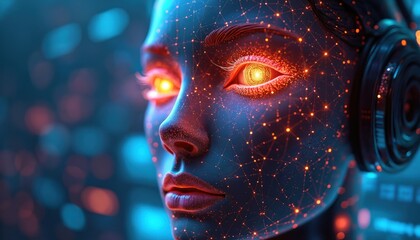 Digital AI face with glowing orange eyes, connected lines, representing futuristic cybernetic intelligence. Machine learning concept in abstract digital space, with audio hardware headphones on head.