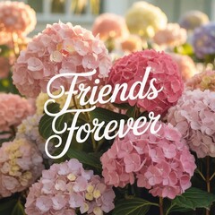 Vibrant pink hydrangea flowers with Friends Forever text