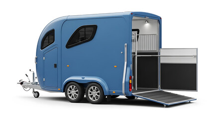 Fototapeta premium A modern blue horse trailer with open ramp and visible interior.