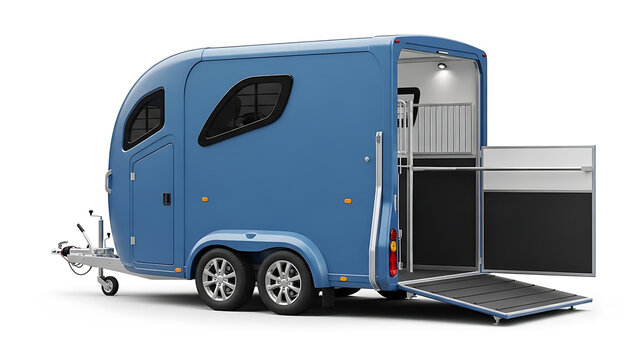 A modern blue horse trailer with open ramp and visible interior.