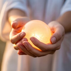 Person holding glowing orb with cupped hands in white shirt
