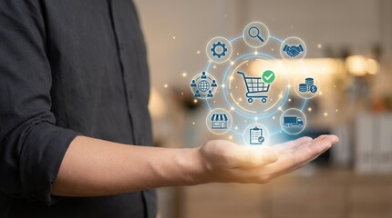 Person's hand displaying a digital flowchart of e commerce operations including a shopping cart delivery truck money coins handshake and global network connections Ecommerce online shopping