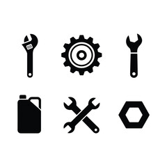 Obraz premium Black and white of tools and machine parts wrench gear oil can silhouettes vector illustration isolated on white background.