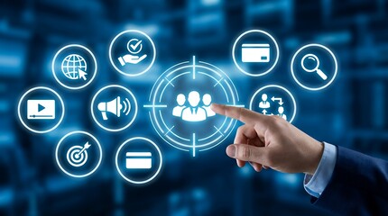 A business person's hand points to a digital interface displaying icons representing customer acquisition global reach advertising and online payment options marketing strategy pointing
