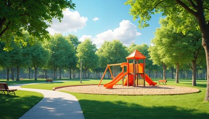 Bright sunny day at park with green trees and grass. Empty playground with orange slide and swings waits for kids. Path curves past benches under sky.
