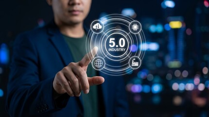 A man's hand touches a futuristic circular interface displaying icons representing Industry 5 0 cloud computing a microchip a factory and a globe against a bokeh city background Industry 50