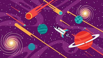 Vibrant space scene featuring rockets, planets, comets and swirling galaxies in a colorful cosmic display.
