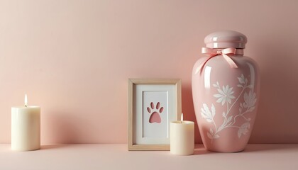 Pink pet urn with paw print frame and lit candles on shelf. Cherish pet memory with floral engraved urn. Love, grief, remembrance, memorial.