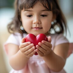 Little girl holding a red heart with love and care