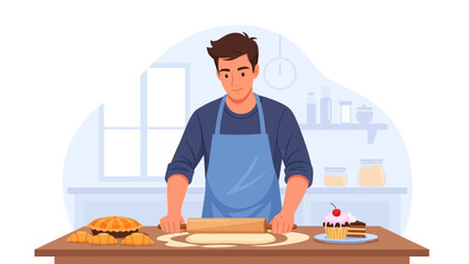 Young baker preparing dough for pastries in a bright kitchen environment.