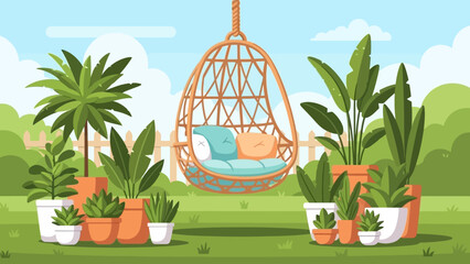 Sunny garden sanctuary with hanging wicker chair amid potted tropical plants.