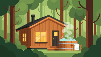 Cozy woodland cabin nestled in a serene forest landscape with steam rising from a hot tub.