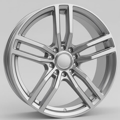 Obraz premium A silver metallic car wheel with a modern double-spoke design.