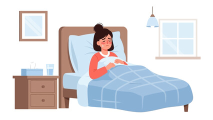 Woman resting in bed at home during a cozy morning in a-bedroom scene.