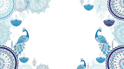 Elegant blue ornamental border featuring peacock and tile motifs that frame a decorative patterned design.