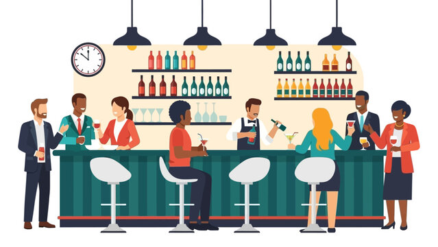 Vibrant bar scene featuring a diverse group of patrons and a skilled bartender serving cocktails at a well lit, stylish counter. - Powered by Adobe