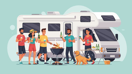 Family enjoying a sunny RV road trip with a dog beside a camping setup.