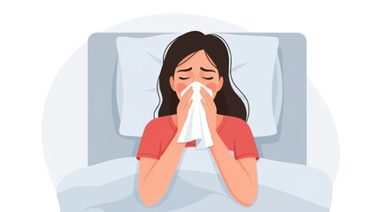 Young woman resting in bed with tissue, conveying illness and tiredness in a cozy bedroom scene.