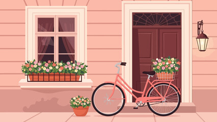 Pastel Street Scene with Bicycle, Flower Boxes, and Cozy Facade.