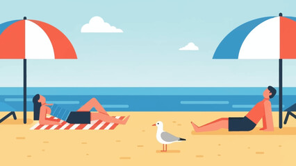 Scenic beach scene with sunbathers, umbrellas, and calm ocean under a bright sky.