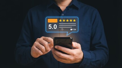 Person holding smartphone displaying a 5 0 star rating and 128 reviews signifying excellent customer feedback and satisfaction stars service experience mobile technology online digital