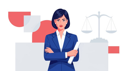 Confident female lawyer standing with documents and scales of justice in a professional setting.