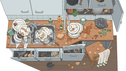 Overhead view of a cluttered kitchen scene with dishes, utensils, and scattered items.