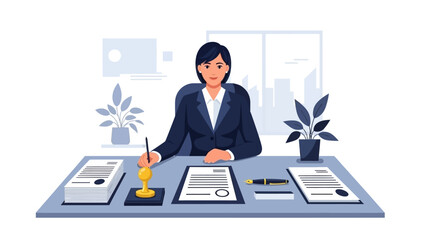 Professional woman at desk reviewing documents in a modern office setting.